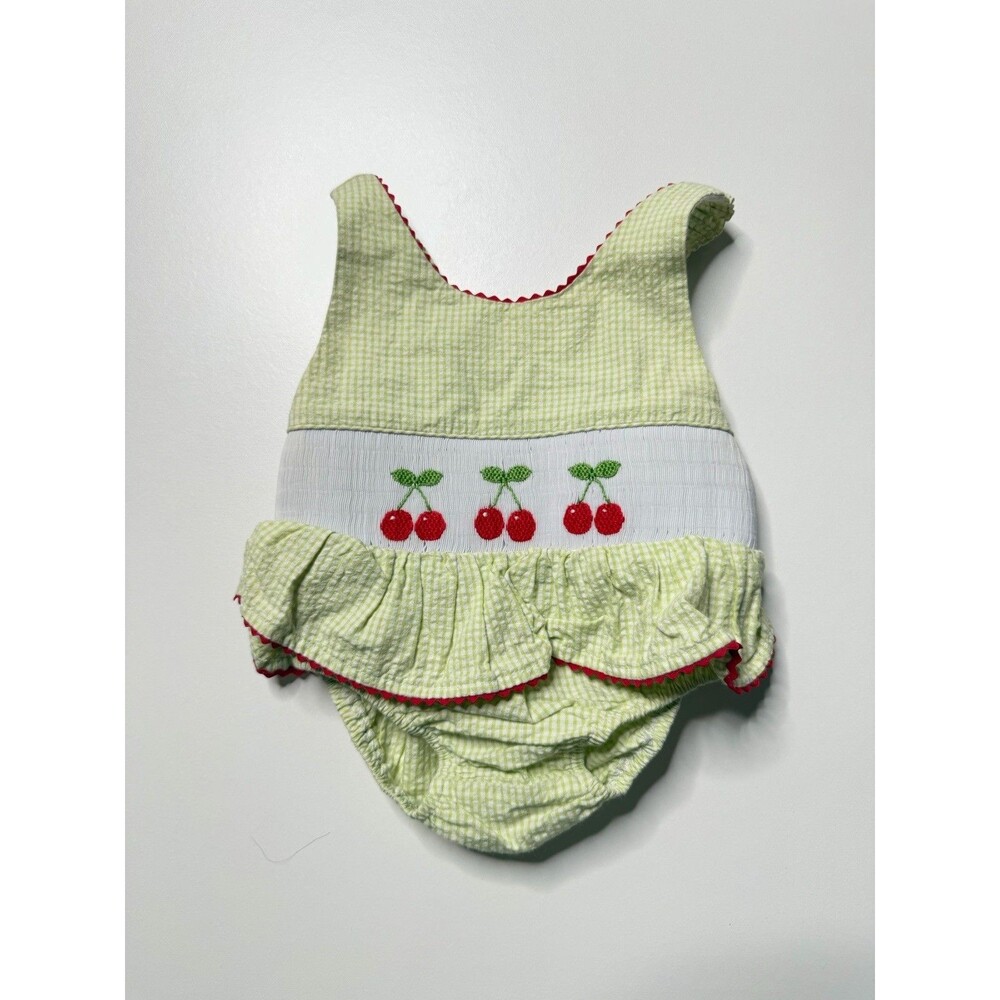 Anavini Girls 9M Green White Gingham Smocked Cherry Swimsuit